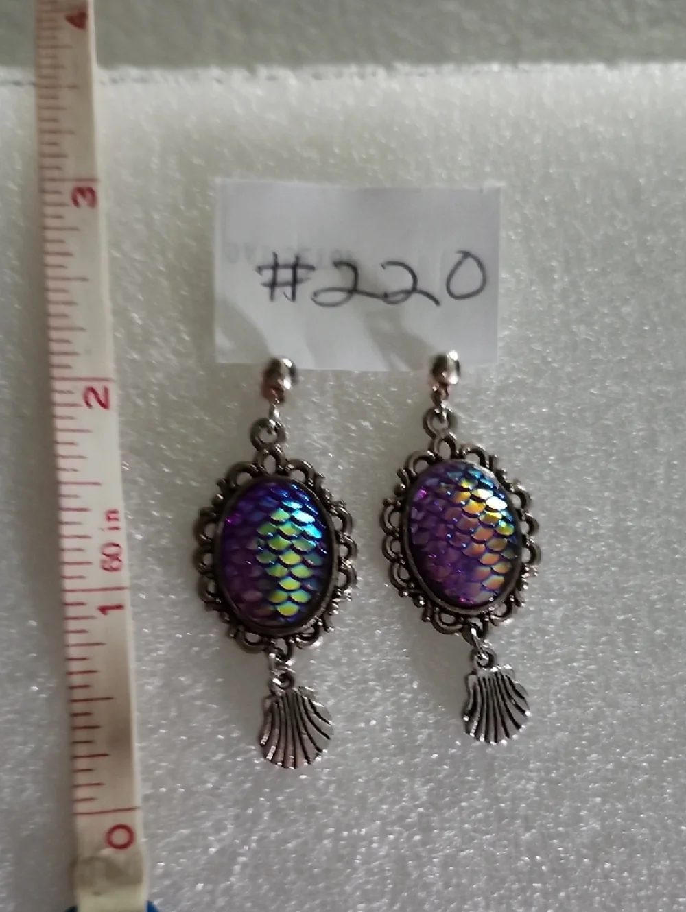 Iridescent Purple Mermaid-Scale Drop Earrings with Shell Charm